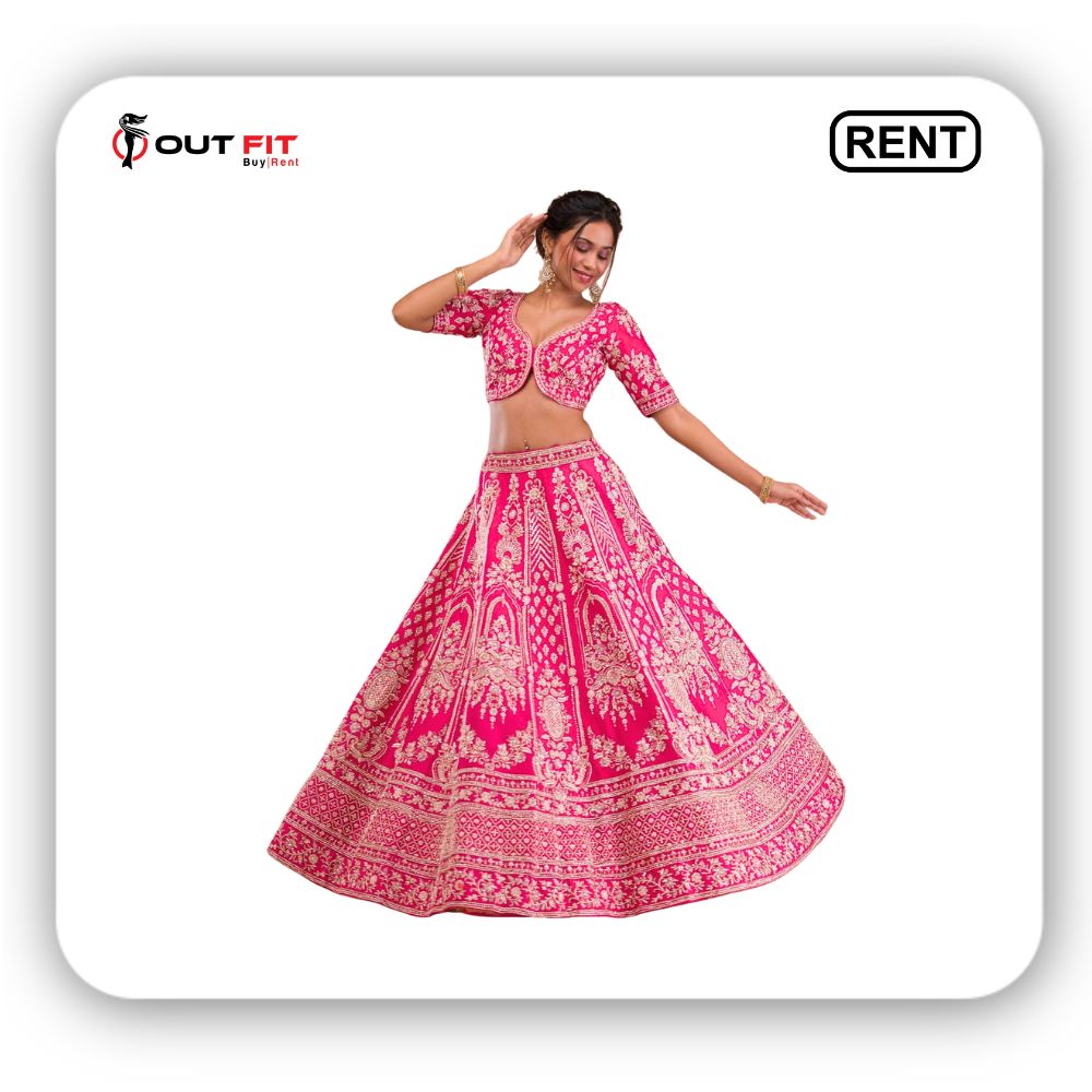 Rani Pink Zardosi Raw Silk Semi Stitched Lehenga on rent (3)