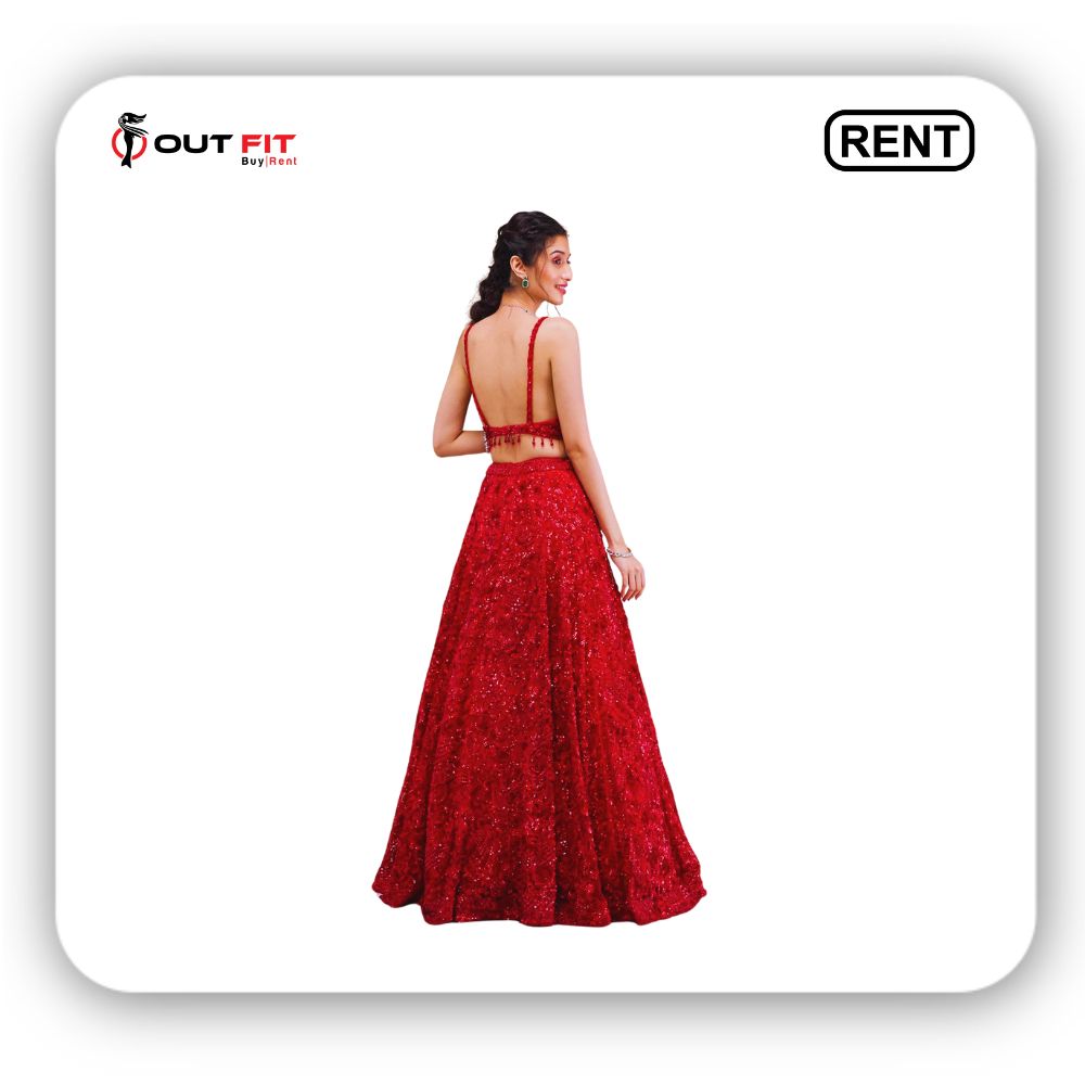 Red Cutdana Net Readymade Lehenga On Rent (2)