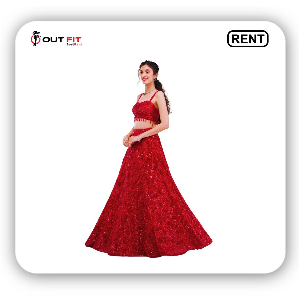 Red Cutdana Net Readymade Lehenga On Rent (3)