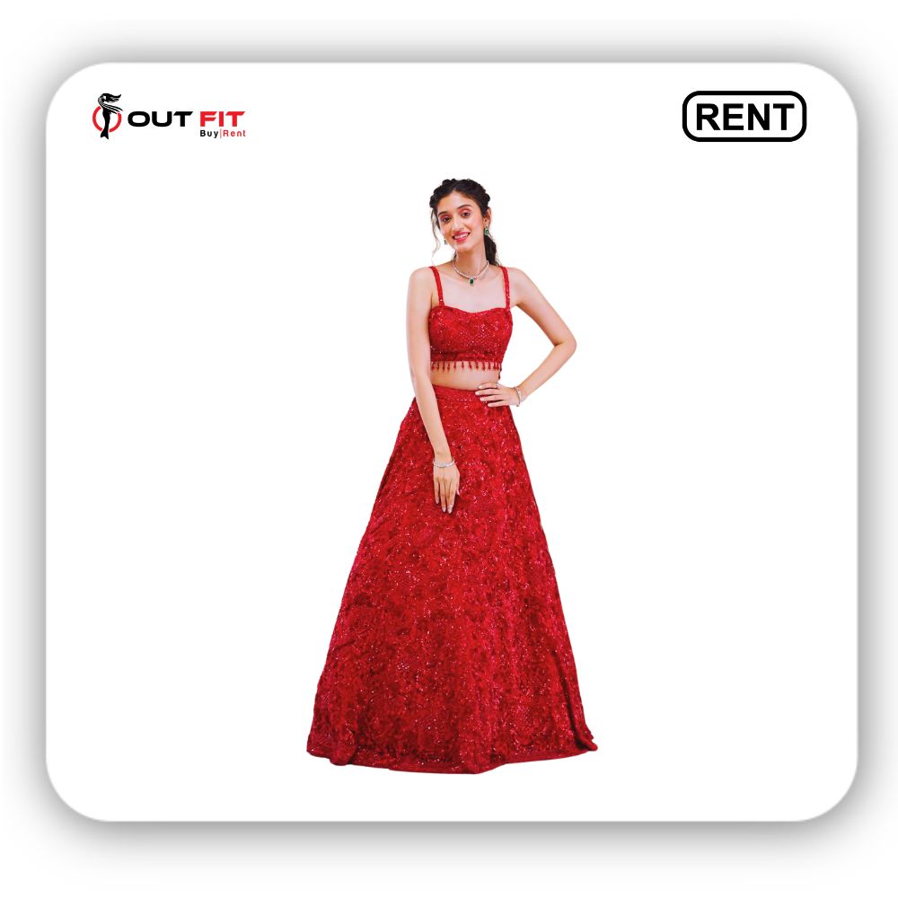 Red Cutdana Net Readymade Lehenga On Rent (4)