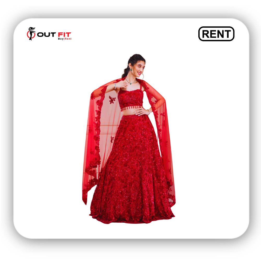 Red Cutdana Net Readymade Lehenga On Rent