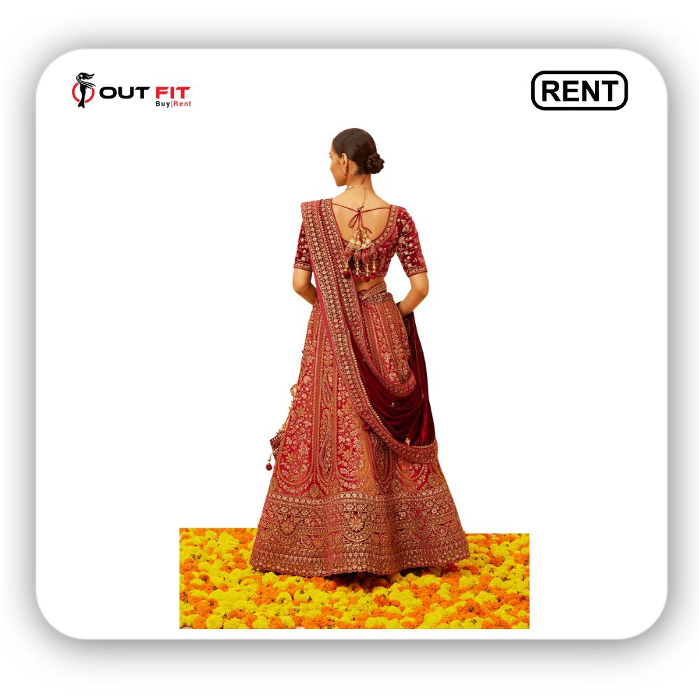 Rent Cherry Red and Sunrise Orange Rhinestone Bridal Lehenga In Bangalore (2)