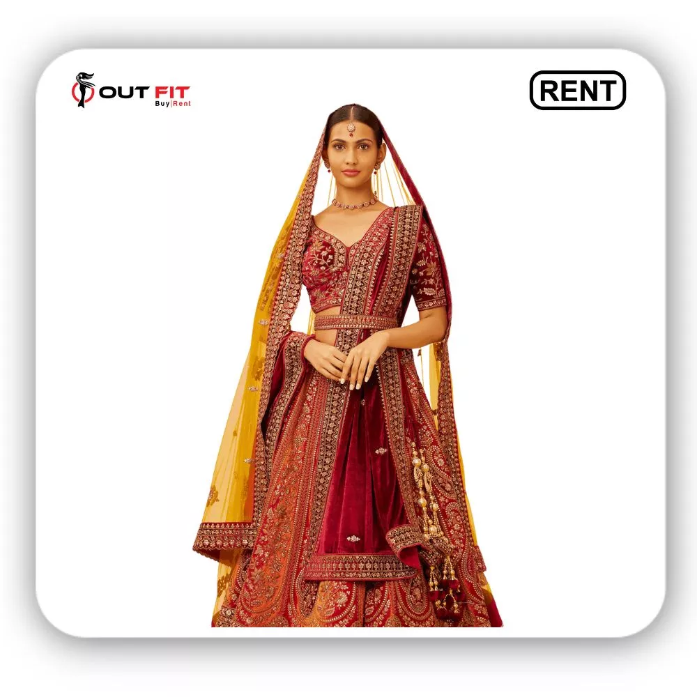 Rent Cherry Red and Sunrise Orange Rhinestone Bridal Lehenga In Bangalore Rent Cherry Red and Sunrise Orange Rhinestone Bridal Lehenga