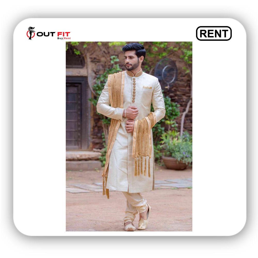 Rent Designer White and Golden Sherwani n Bangalore