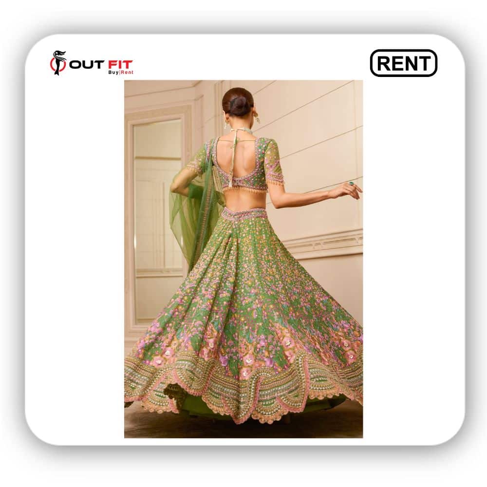 Rent Emerald Green Embroidered Lehenga Set for Wedding On rent (2)