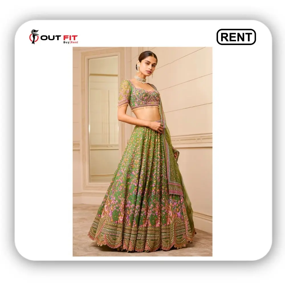 Rent Emerald Green Embroidered Lehenga Set for Wedding On rent (3) Rent Emerald Green Embroidered Lehenga Set for Wedding On rent (3)