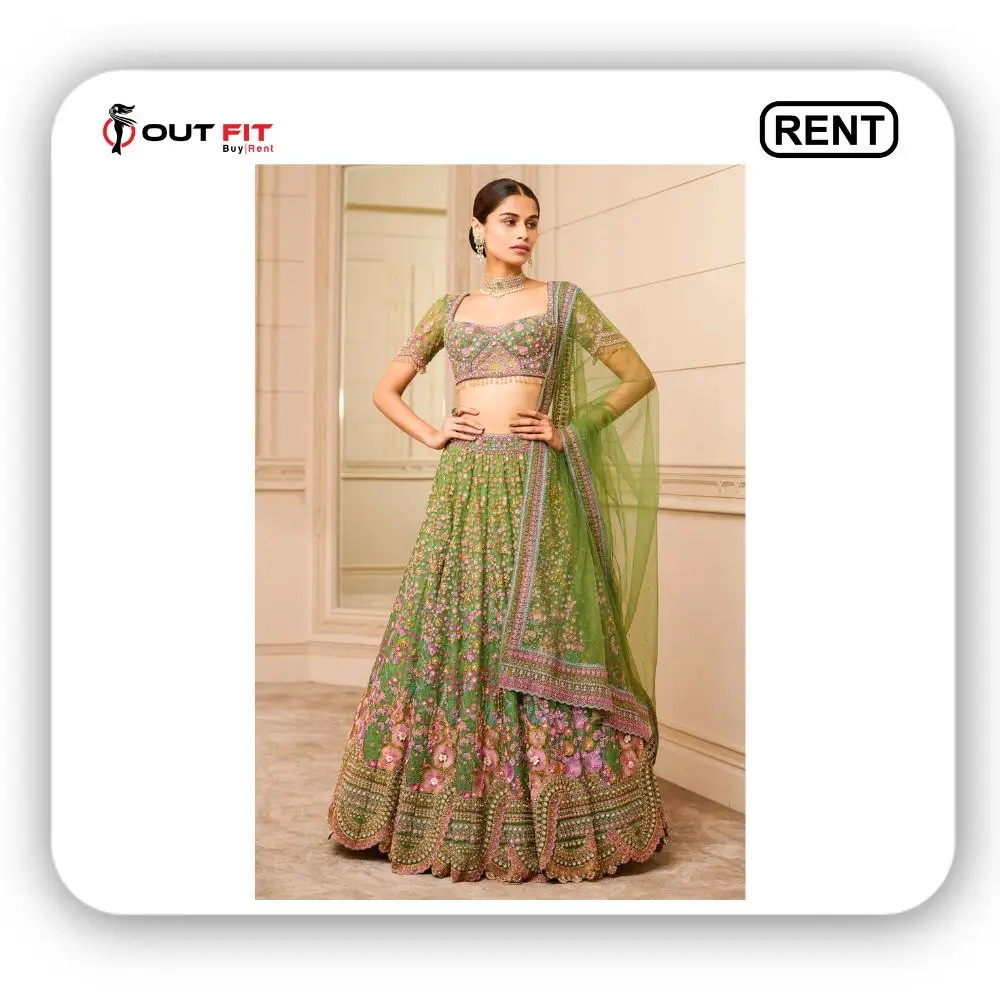 Rent Emerald Green Embroidered Lehenga Set for Wedding On rent