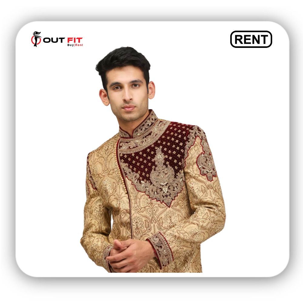 Rent Exquisite Fawn Sherwani for Wedding _ Look Regal - Outfit Rental Shop Bangalore (2)