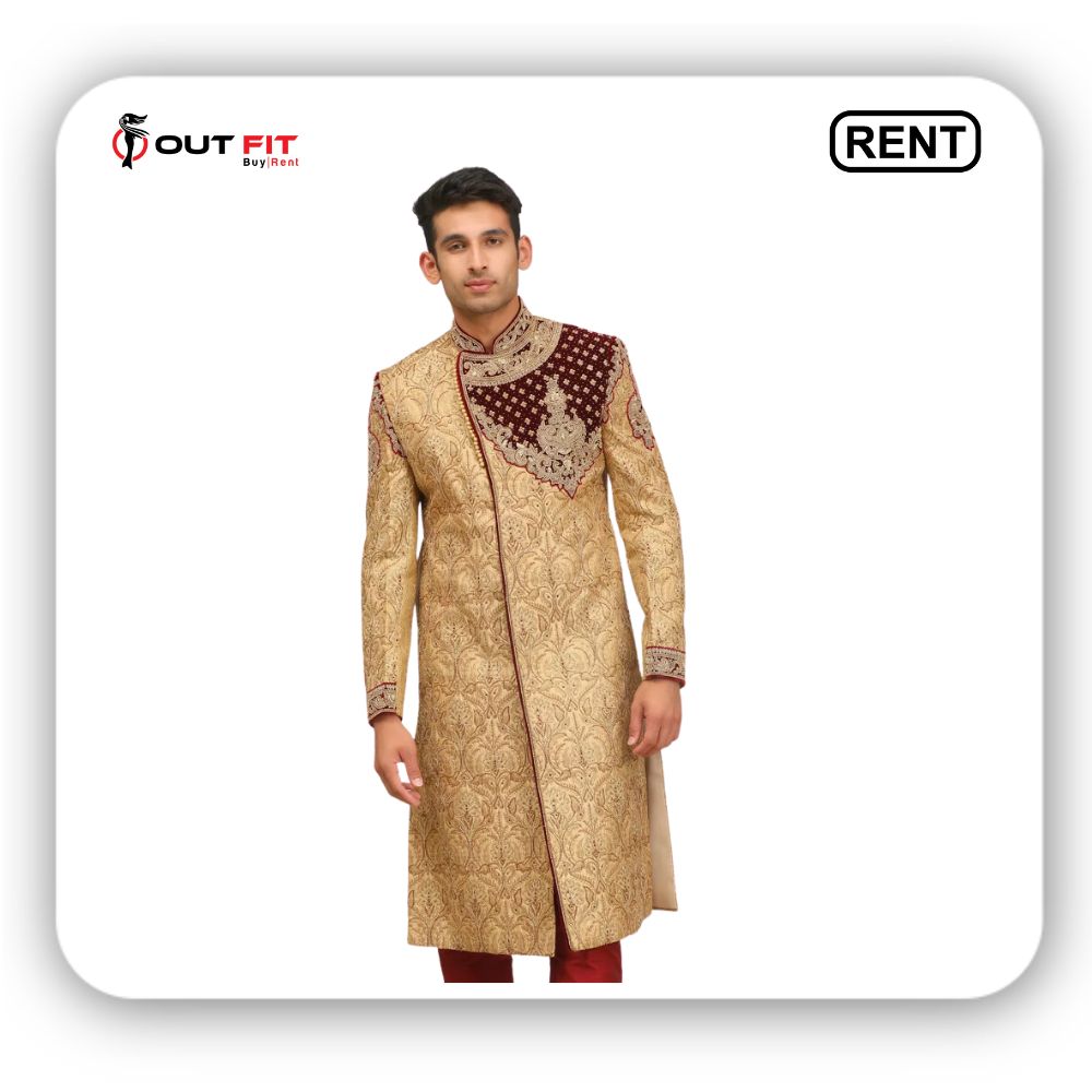 Rent Exquisite Fawn Sherwani for Wedding _ Look Regal - Outfit Rental Shop Bangalore