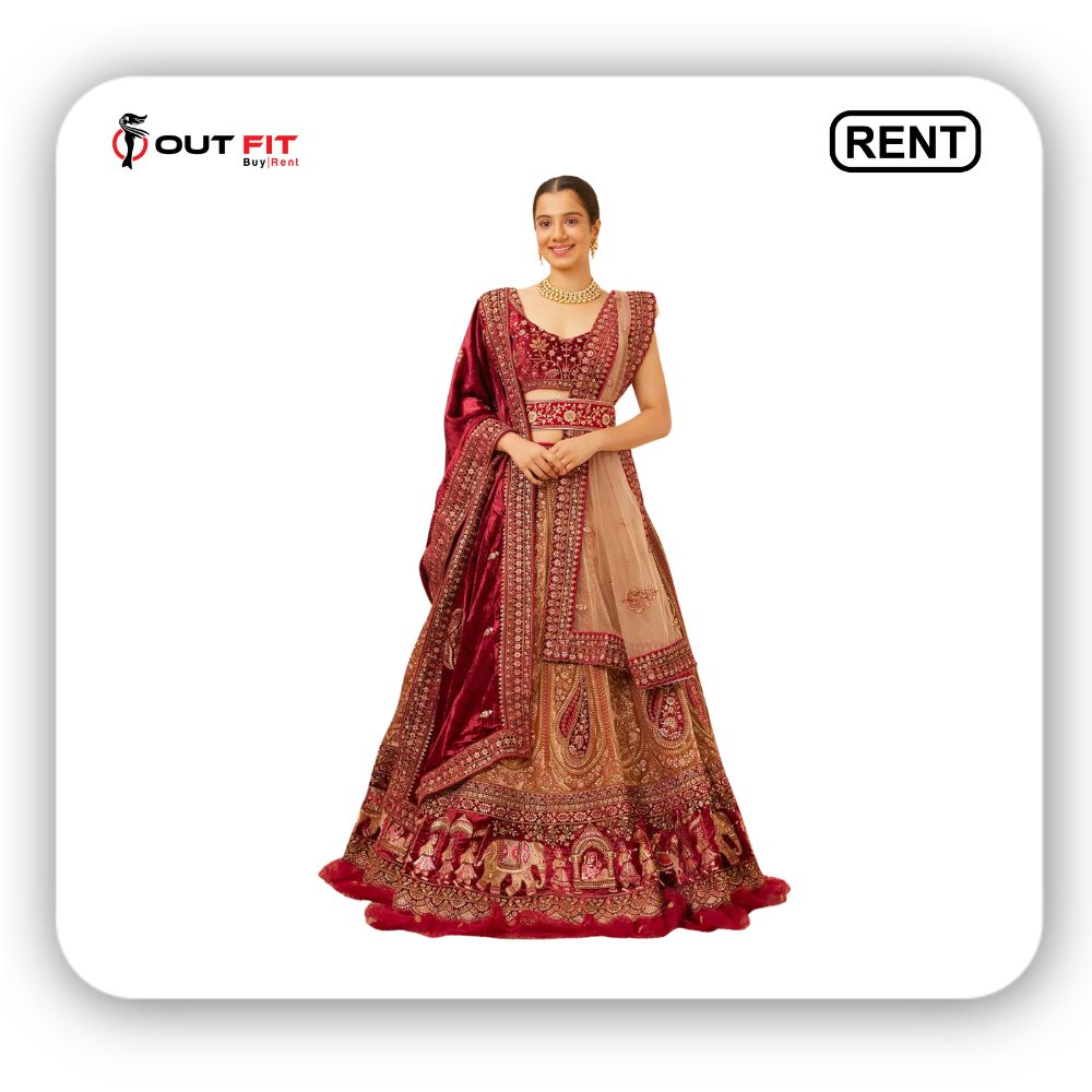 Rent Fawn Velvet Bridal Lehenga in Bangalore (3)