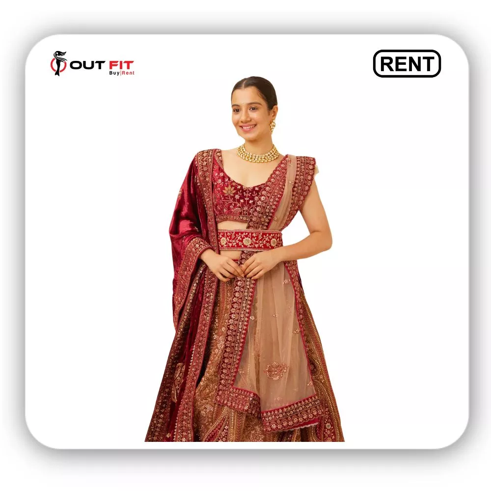 Rent Fawn Velvet Bridal Lehenga in Bangalore Rent Fawn Velvet Bridal Lehenga in Bangalore