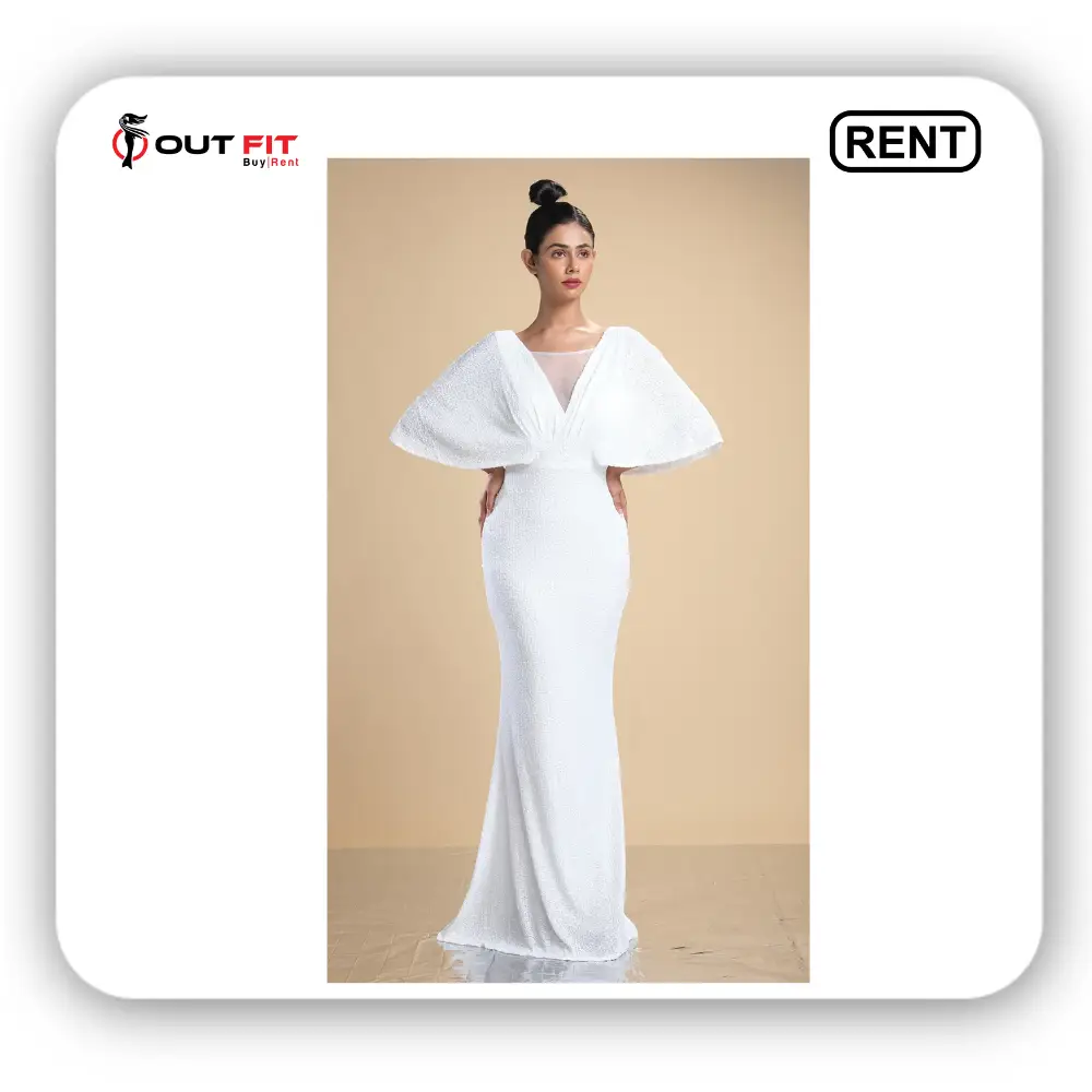 Rent White Lycra Stretch Net Embroidered Sequins Work Cape Sleeve Gown