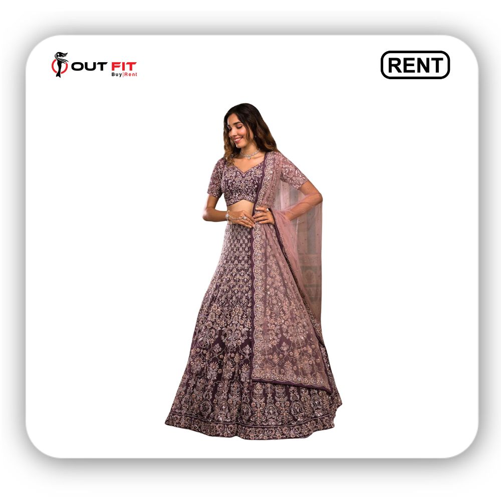 Rent Your Dream Lehenga: Stunning Purple Cutdana Net Readymade Lehenga on Rent at Outfit Rental Shop