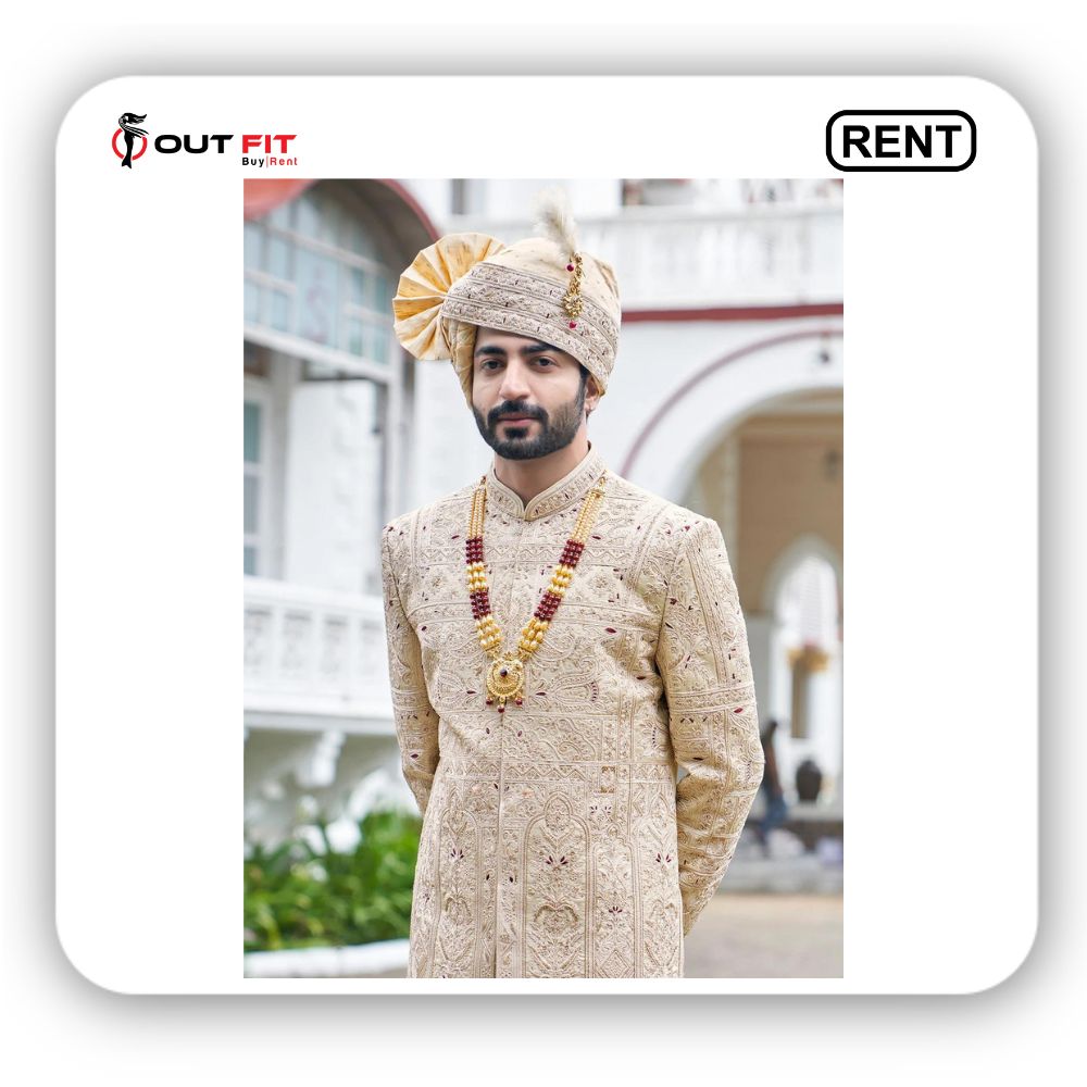 Rent a Luxurious Golden Sherwani for Grooms Wedding at Outfit Rental Shop (2)