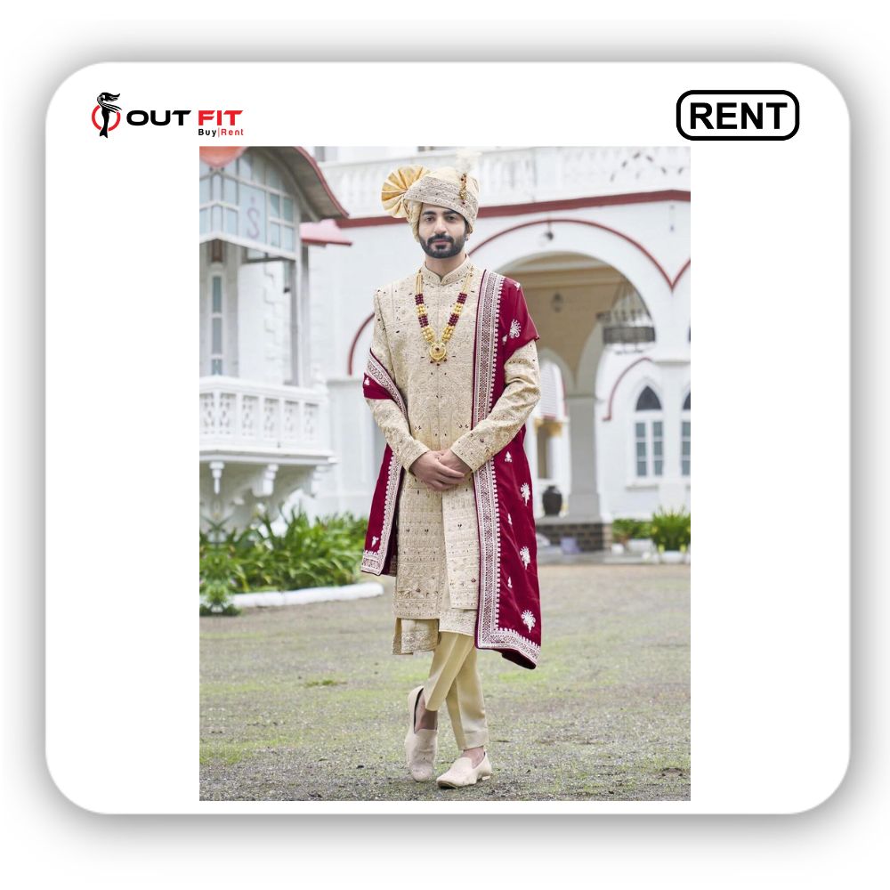 Rent a Luxurious Golden Sherwani for Grooms Wedding at Outfit Rental Shop