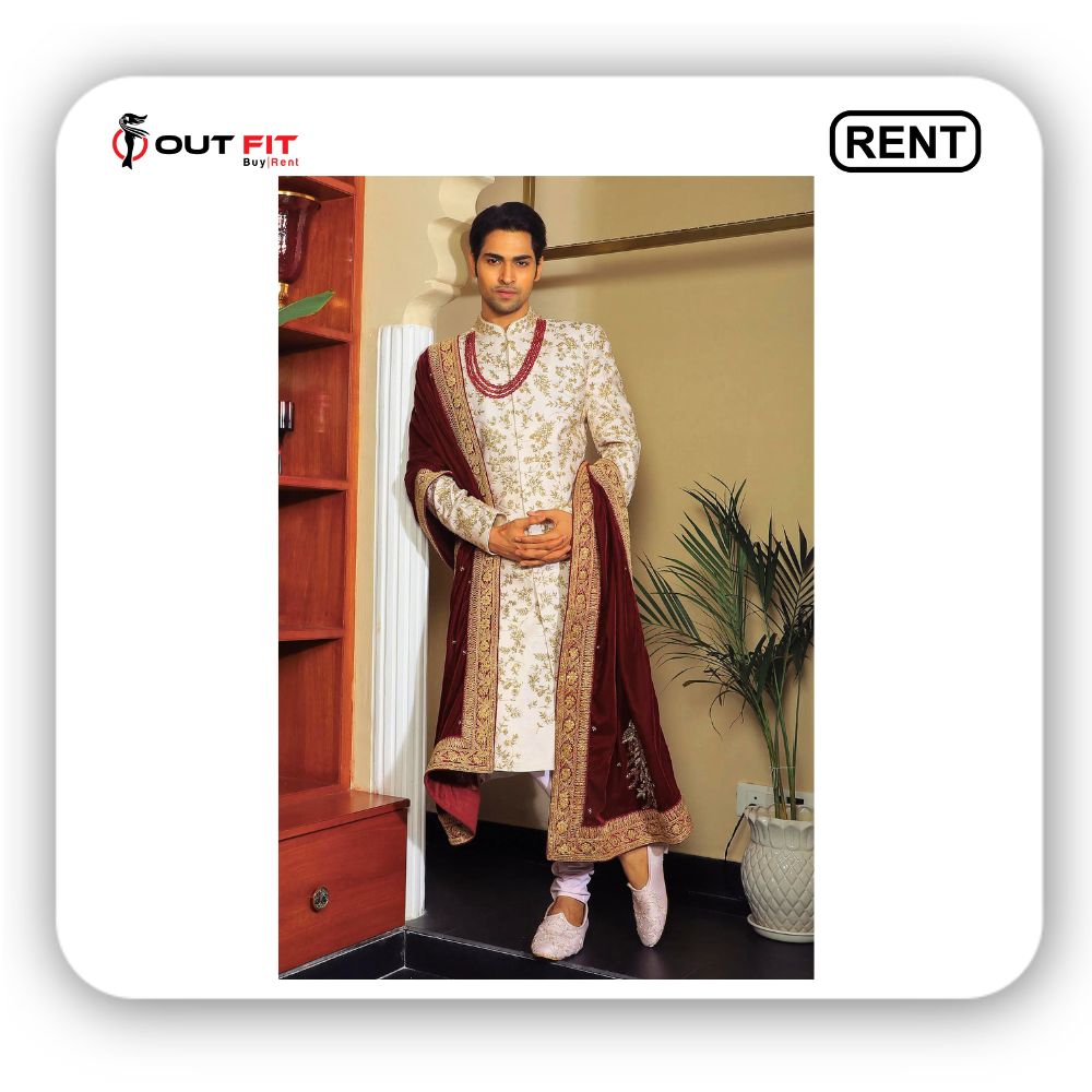 Rent a White Silk Embroidery Thread Flower Sherwani Set in Bangalore (2)