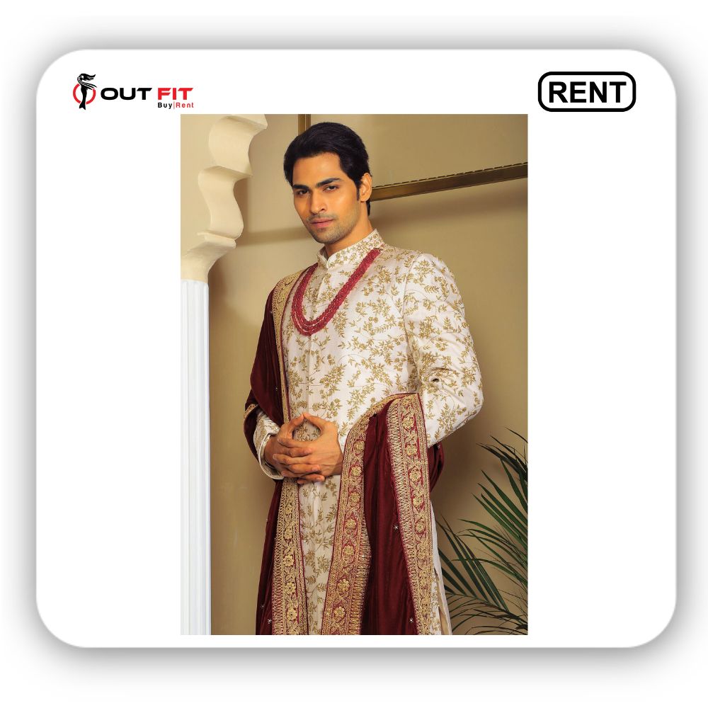 Rent a White Silk Embroidery Thread Flower Sherwani Set in Bangalore (3)