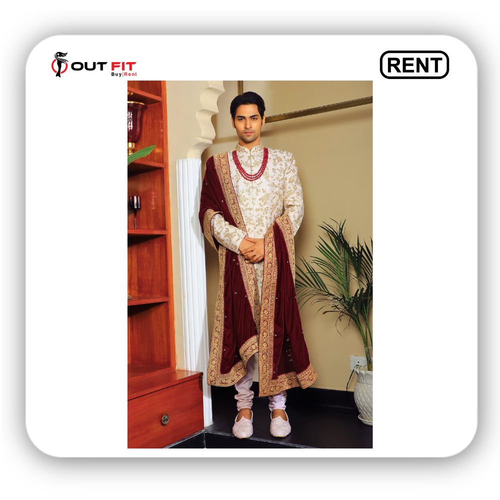 Rent a White Silk Embroidery Thread Flower Sherwani Set in Bangalore