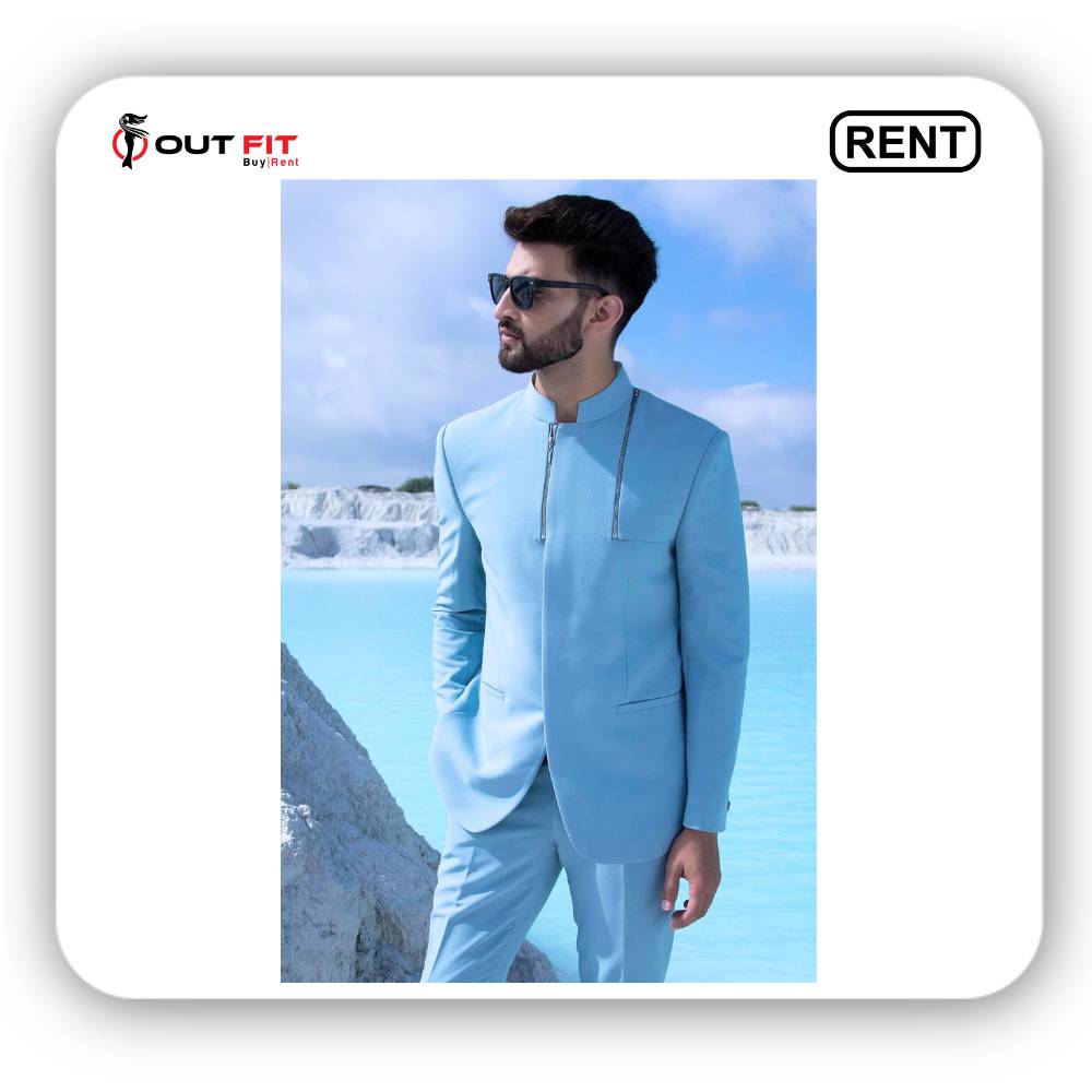 Sky Blue Plain Lycra Jodhpuri Suit On Rent In Bangalore (2)