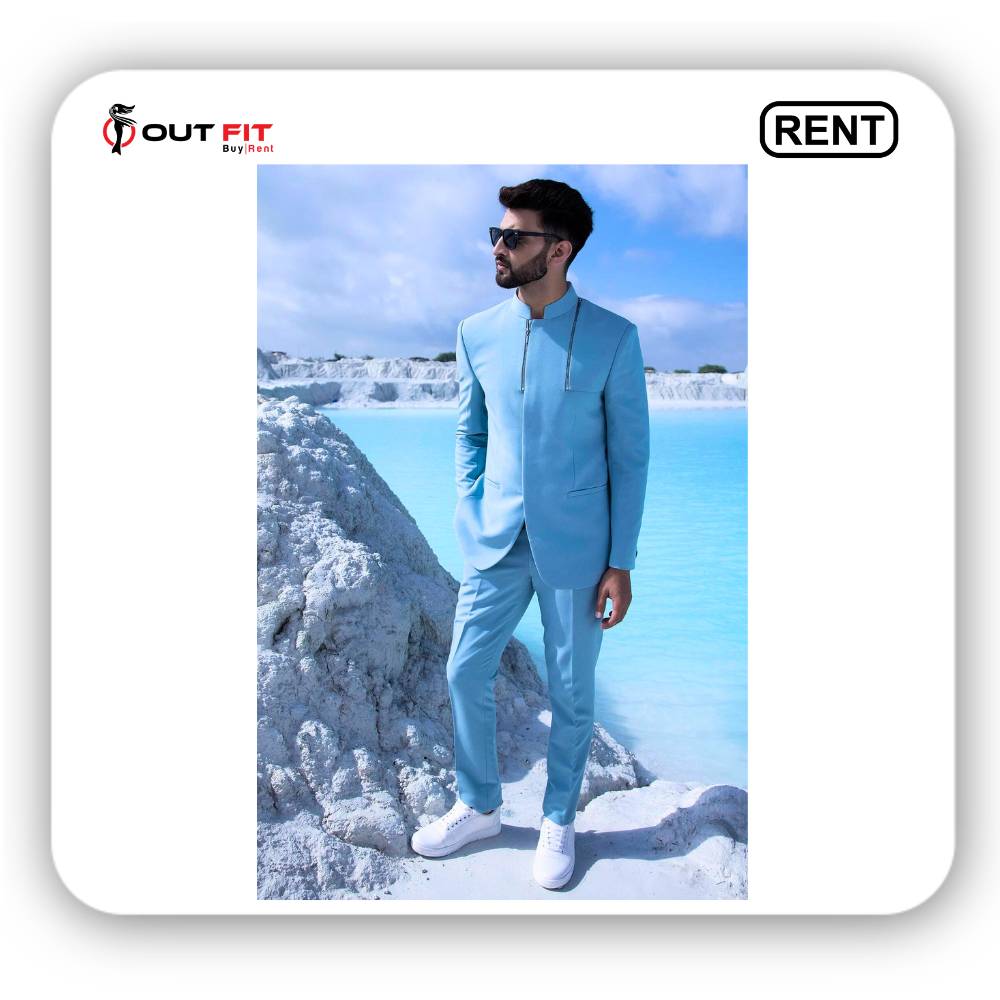 Sky Blue Plain Lycra Jodhpuri Suit On Rent In Bangalore