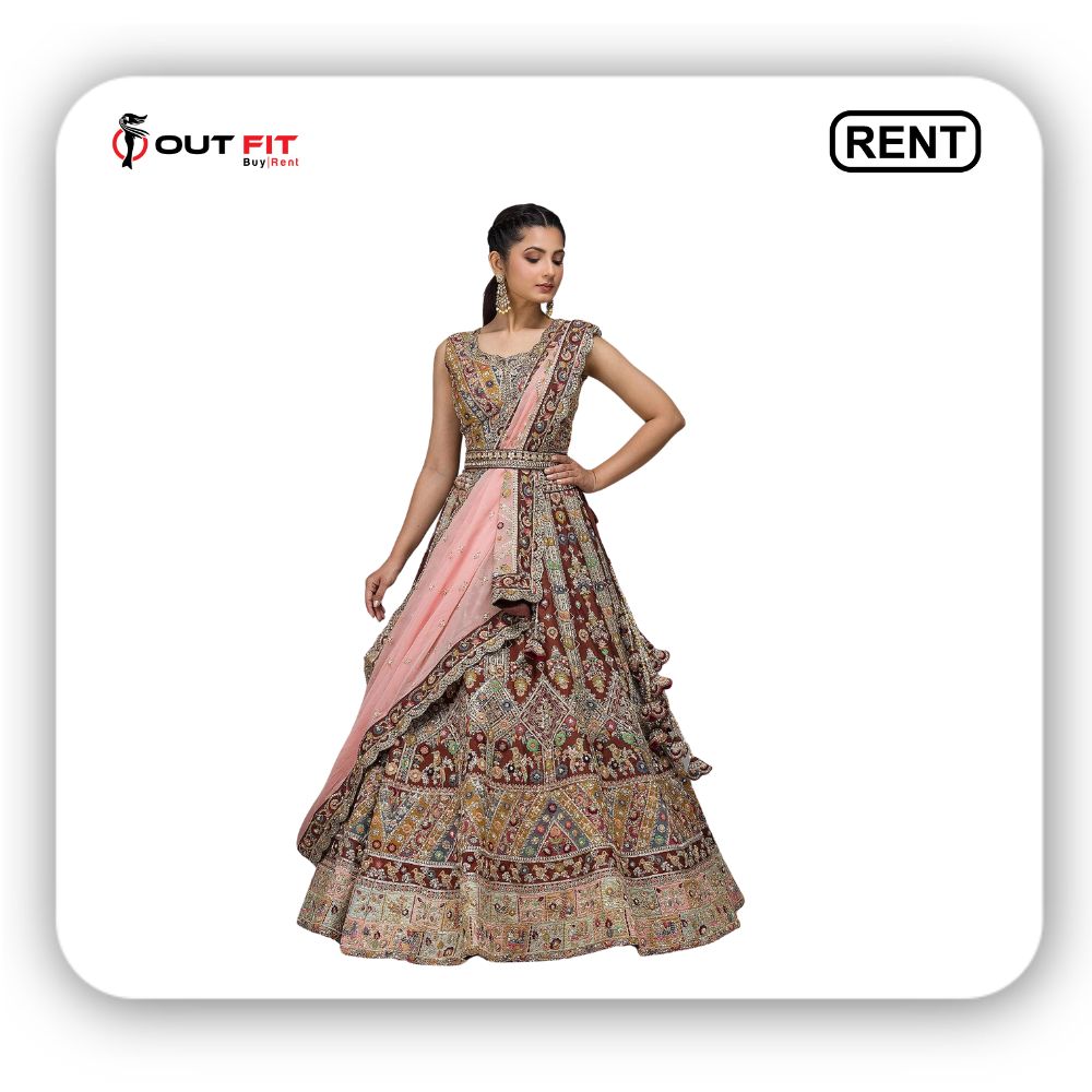 Smoked Paprika Brown Zari Embroidered Raw Silk Bridal Lehenga On Rent (2)