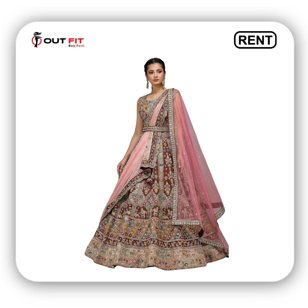 Smoked Paprika Brown Zari Embroidered Raw Silk Bridal Lehenga On Rent (3)