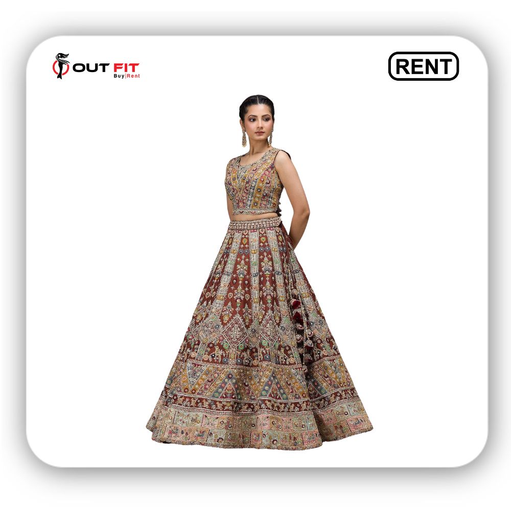 Smoked Paprika Brown Zari Embroidered Raw Silk Bridal Lehenga On Rent