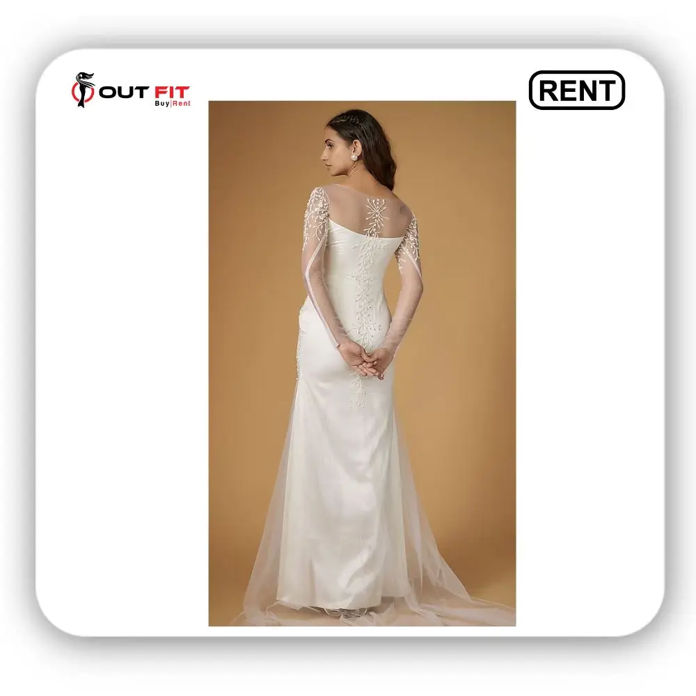 White Tulle Glass Beads Embroidered Gown on Rent from Outfit Rental Shop (2)