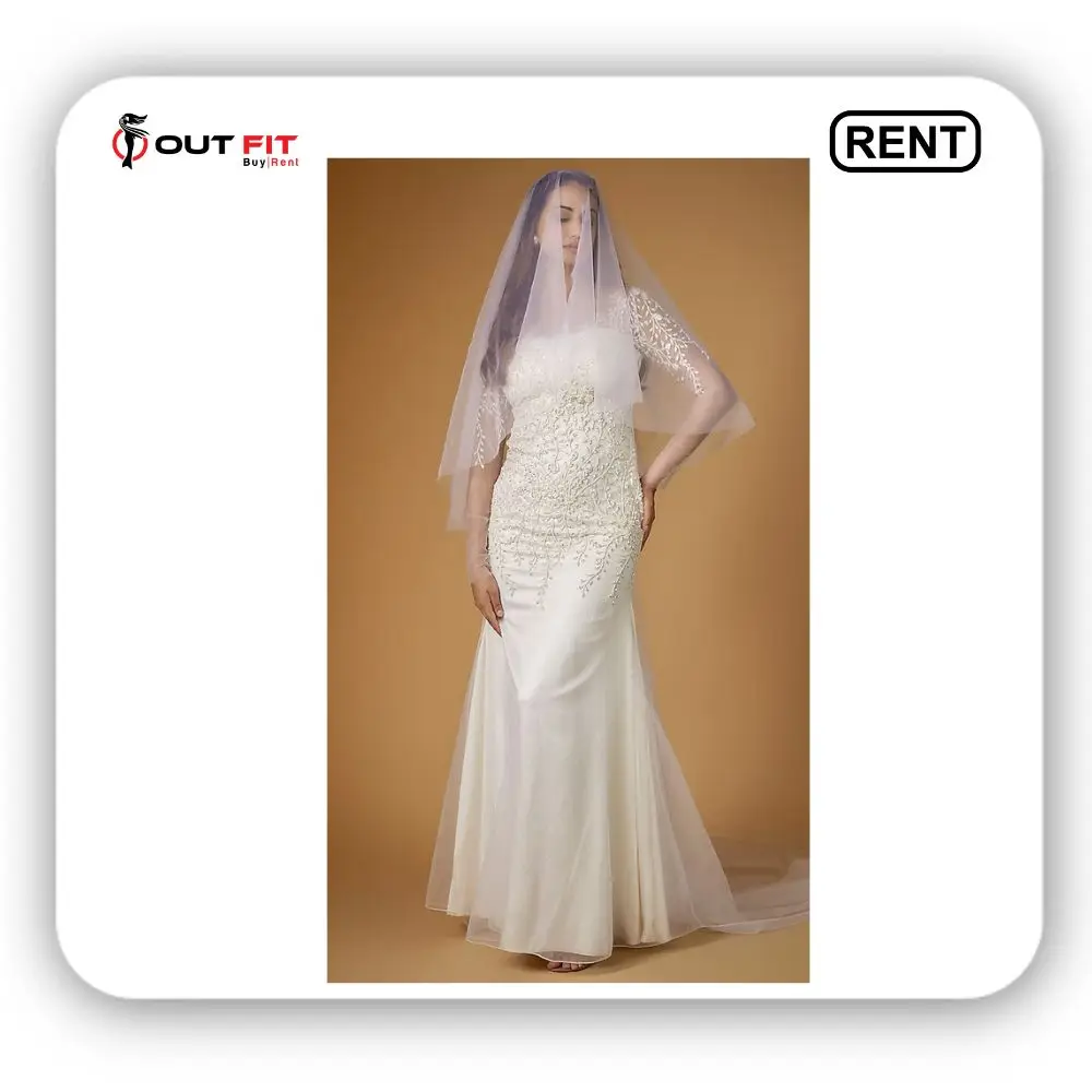 White Tulle Glass Beads Embroidered Gown on Rent from Outfit Rental Shop (3)