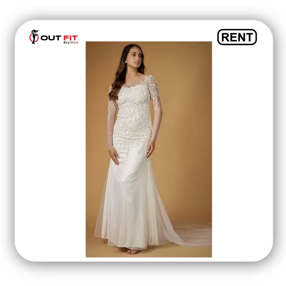 White Tulle Glass Beads Embroidered Gown on Rent from Outfit Rental Shop