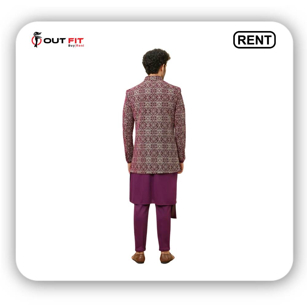 Wine Red Jaal Patterned Drape Detailed Indo-Western Set For Rent (2)