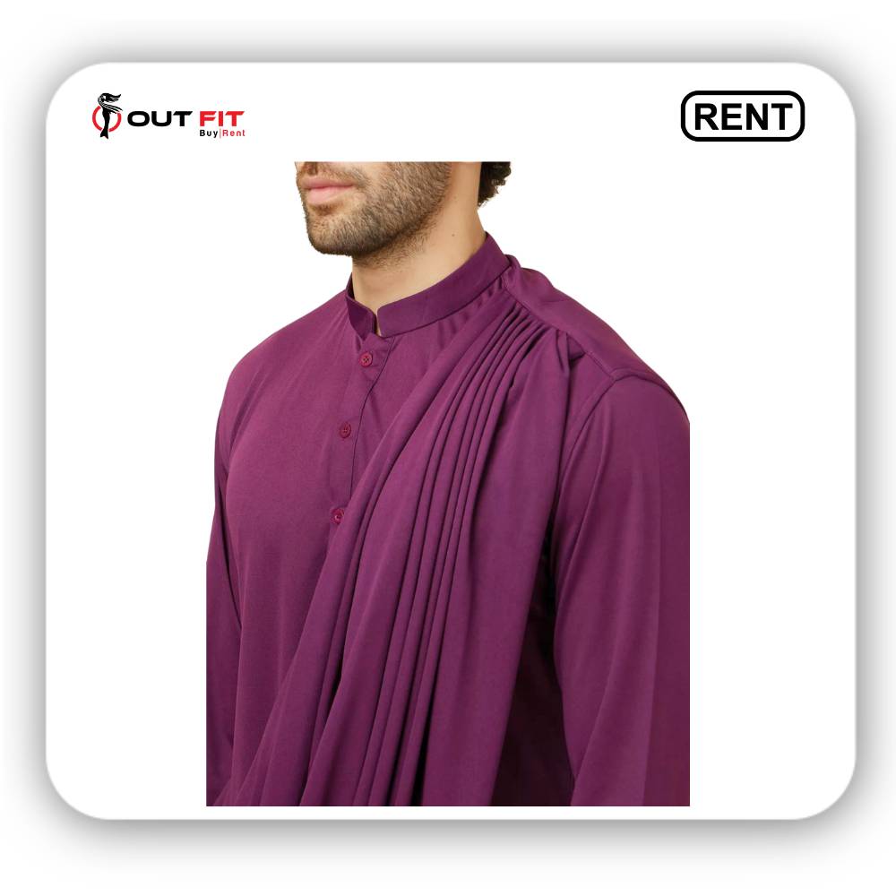Wine Red Jaal Patterned Drape Detailed Indo-Western Set For Rent (3)