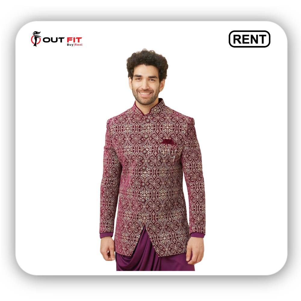 Wine Red Jaal Patterned Drape Detailed Indo-Western Set For Rent (5)