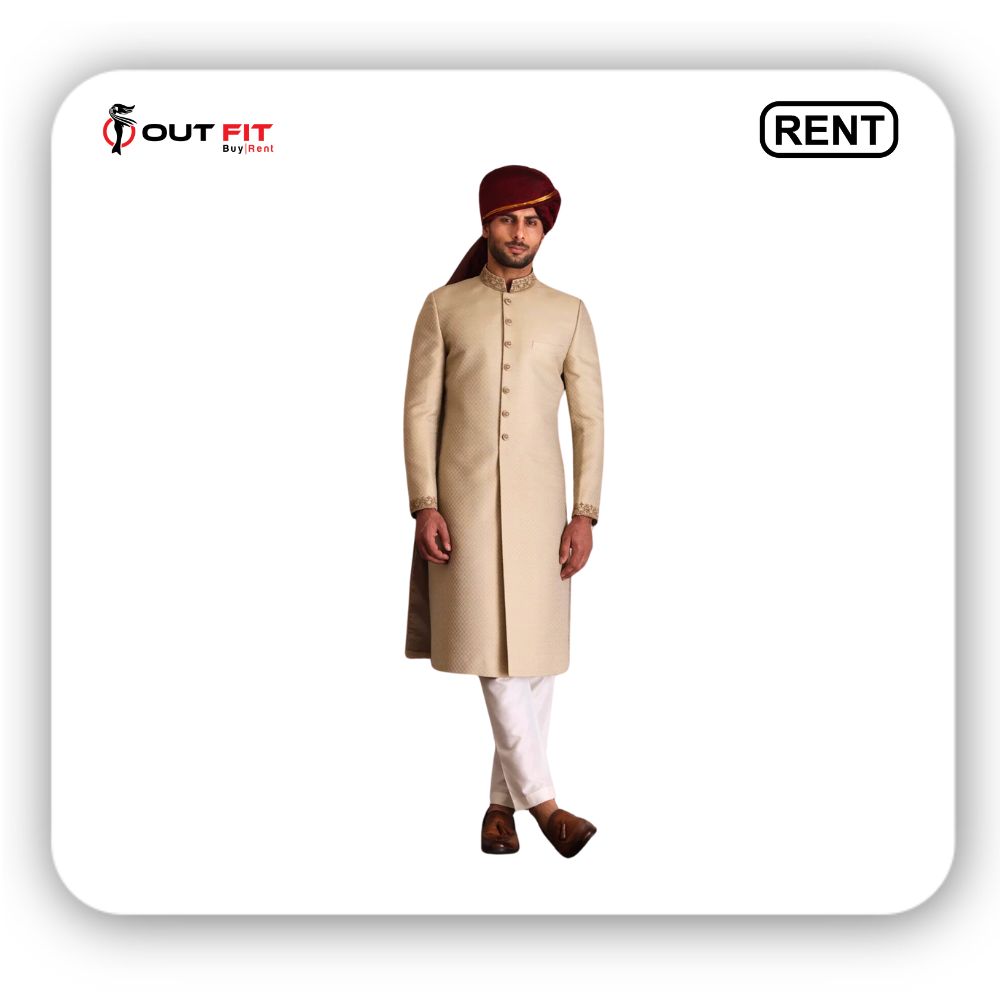 light beige hand embroidered silk sherwani for groom on rent (2)