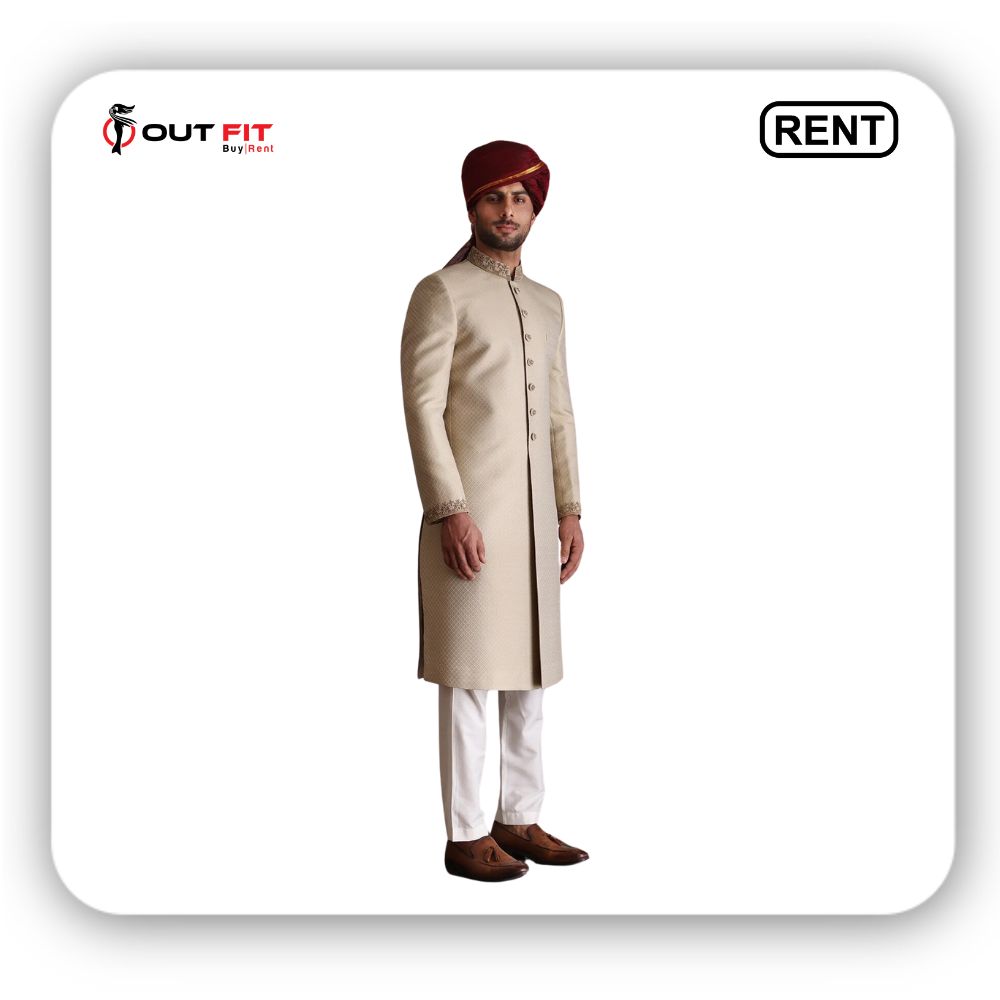 light beige hand embroidered silk sherwani for groom on rent (3)