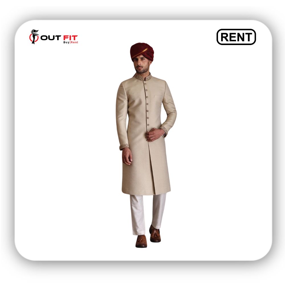 Light Beige Hand-Embroidered Silk Sherwani on Rent in Bangalore