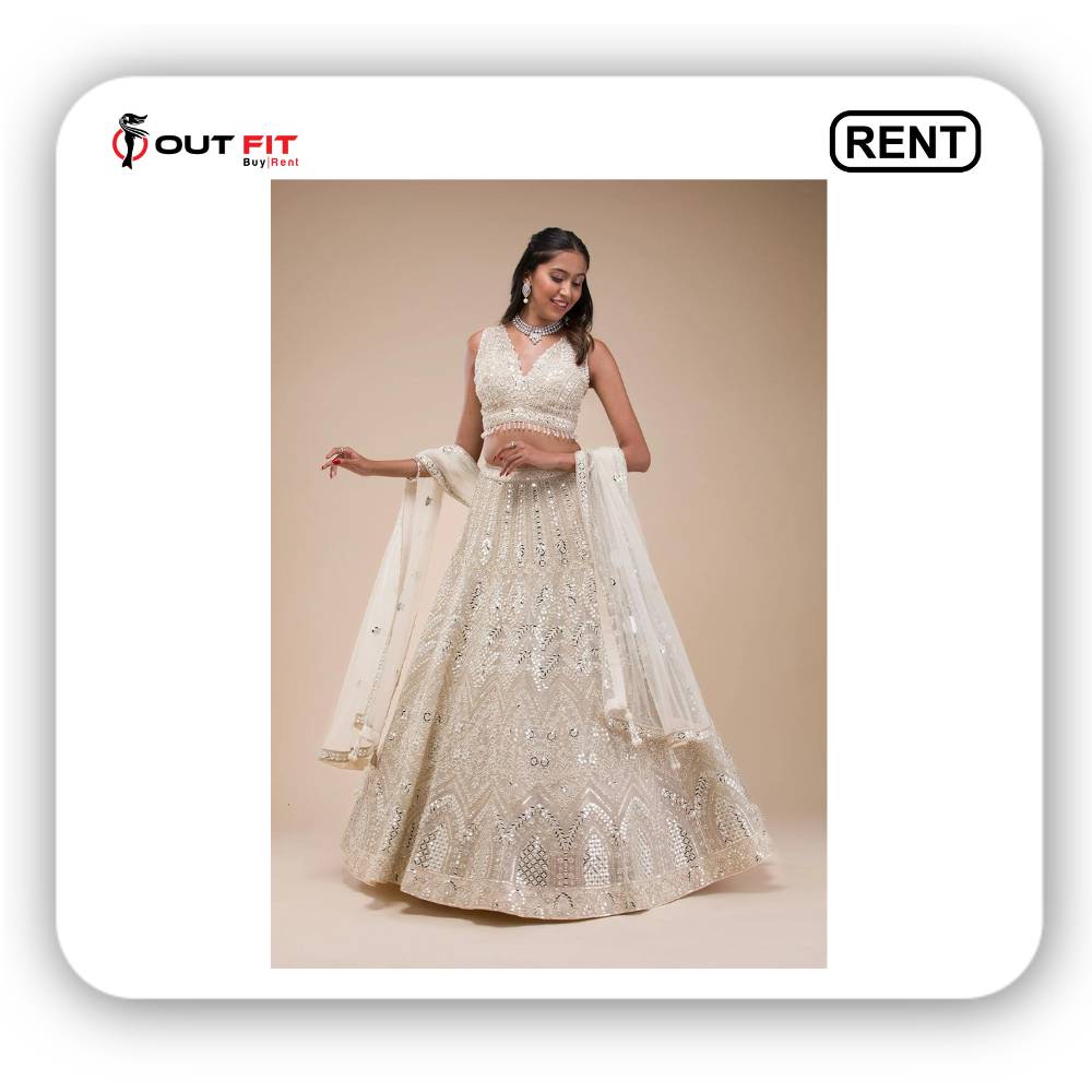 Cream Mirrorwork Net Readymade Lehenga