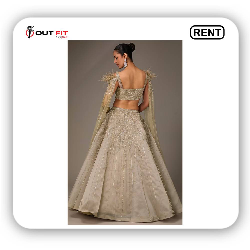 Beige Organza Sequins & Cutdana Embroidered Lehenga Set On Rent (2)