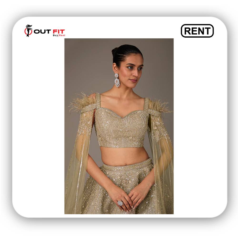 Beige Organza Sequins & Cutdana Embroidered Lehenga Set On Rent (3)