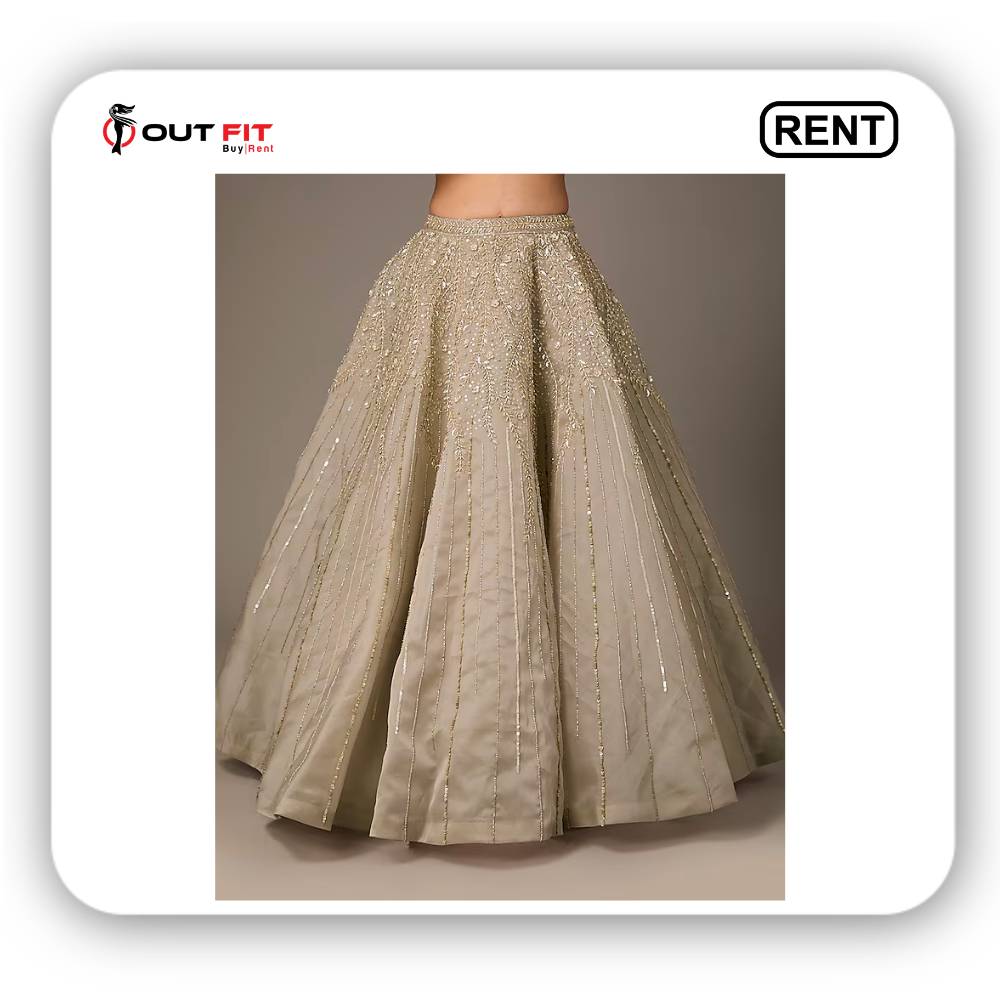 Beige Organza Sequins & Cutdana Embroidered Lehenga Set On Rent (4)