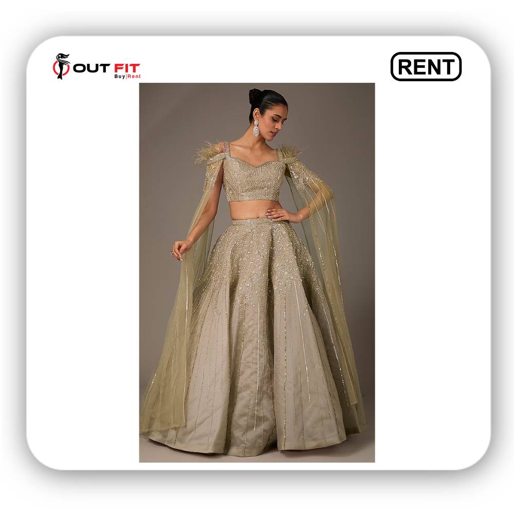 Beige Organza Sequins & Cutdana Embroidered Lehenga Set On Rent