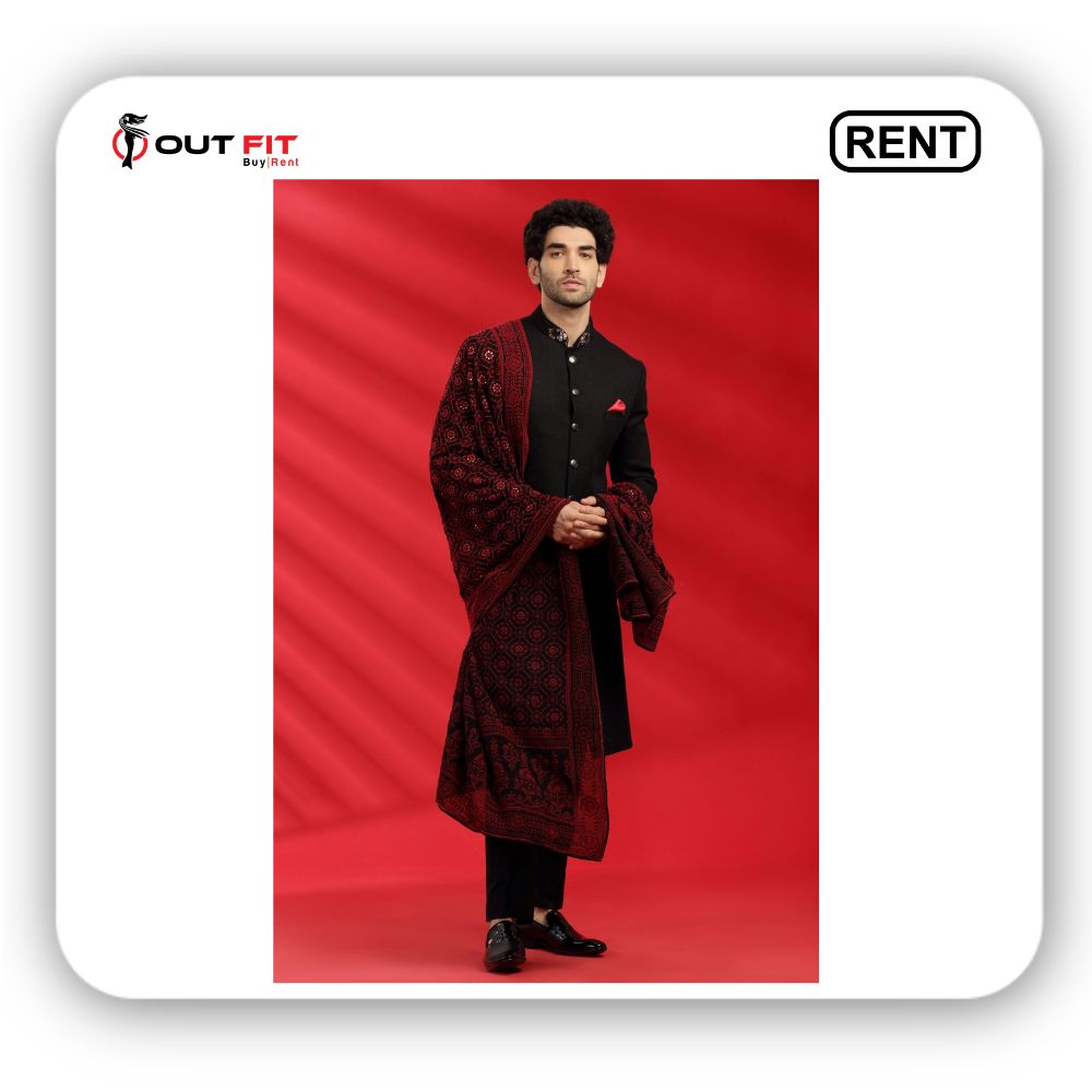 Black stitch Line Stole Fusion indo western sherwani set on rent in bangalore