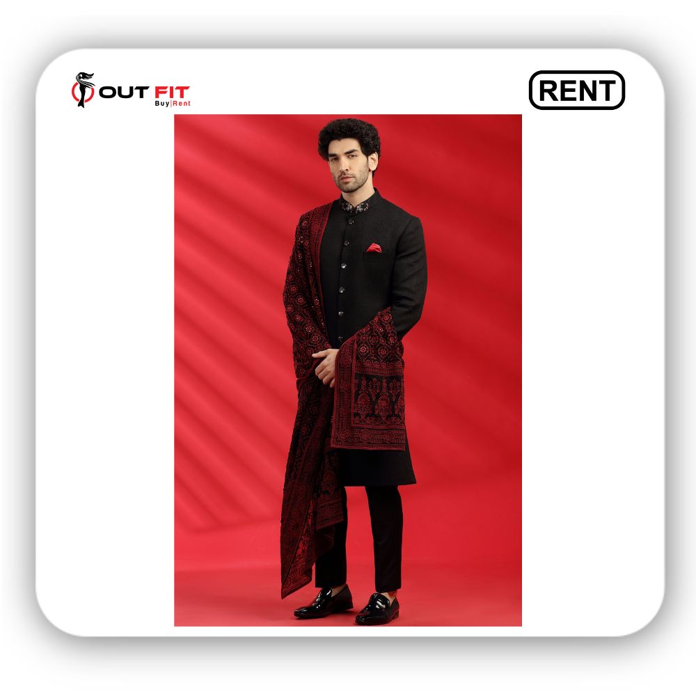 Black stitch Line Stole Fusion indo western sherwani set on rent in bangalore