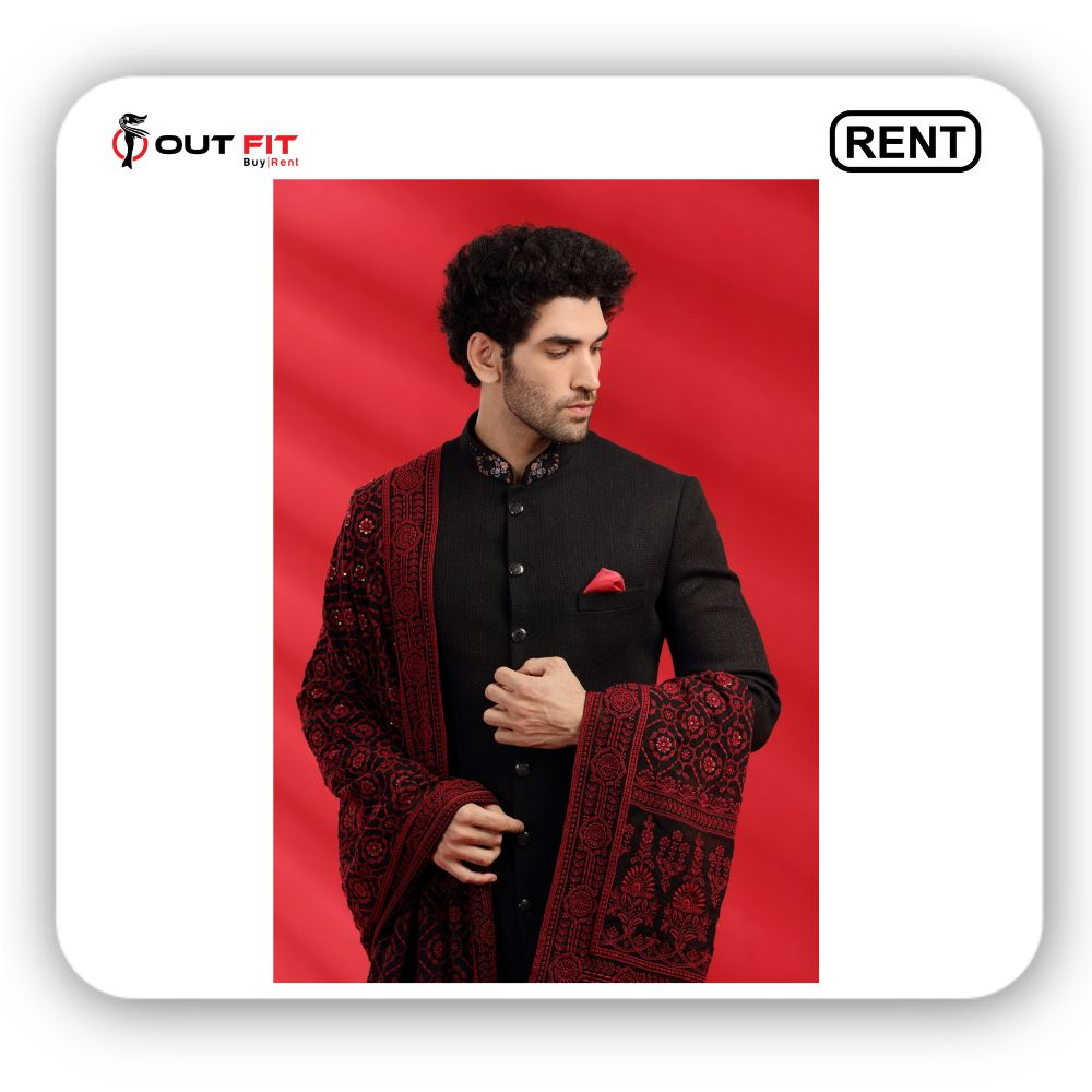 Black stitch Line Stole Fusion indo western sherwani set on rent in bangalore