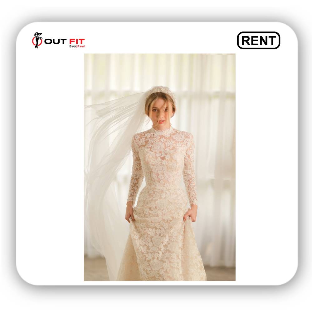 Classic High Neck Close Back Lace gown On Rent