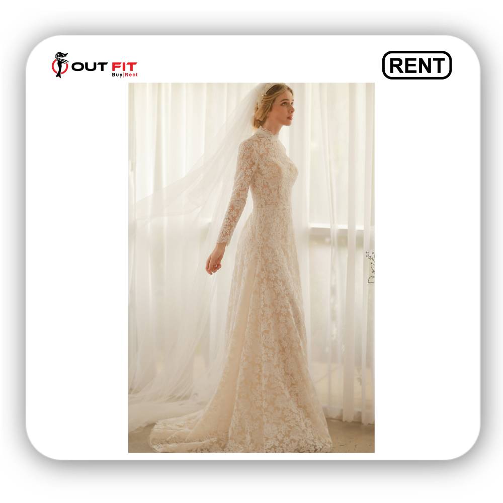 Classic High Neck Close Back Lace gown On Rent