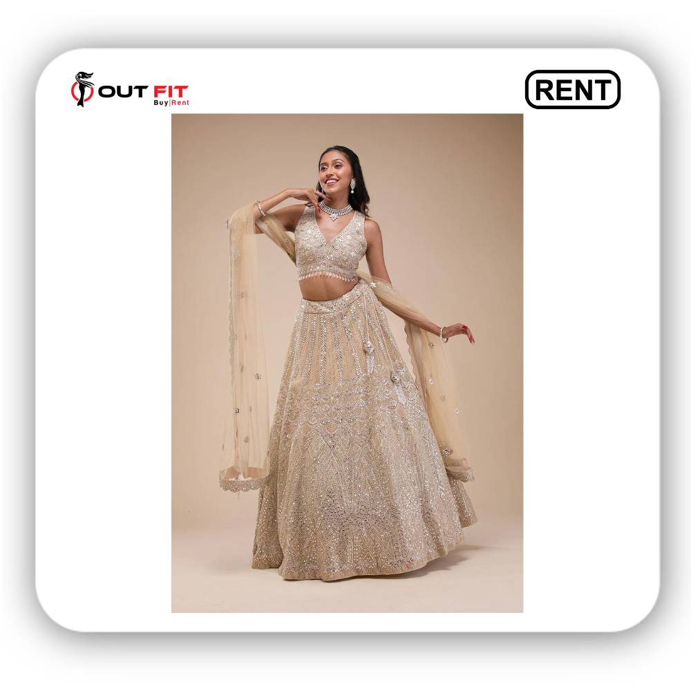 Beige Mirrorwork Net lehanga On Rent