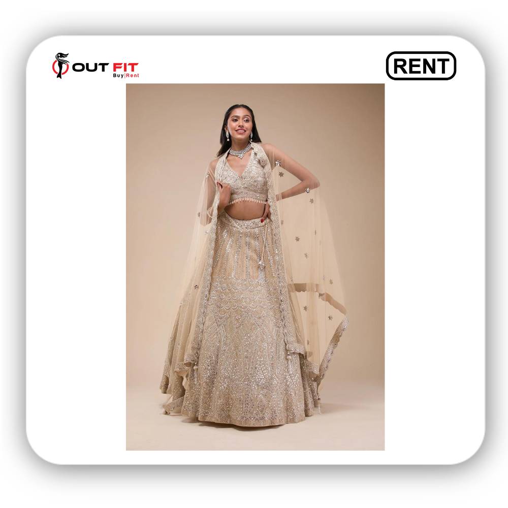 Beige Mirrorwork Net lehanga On Rent