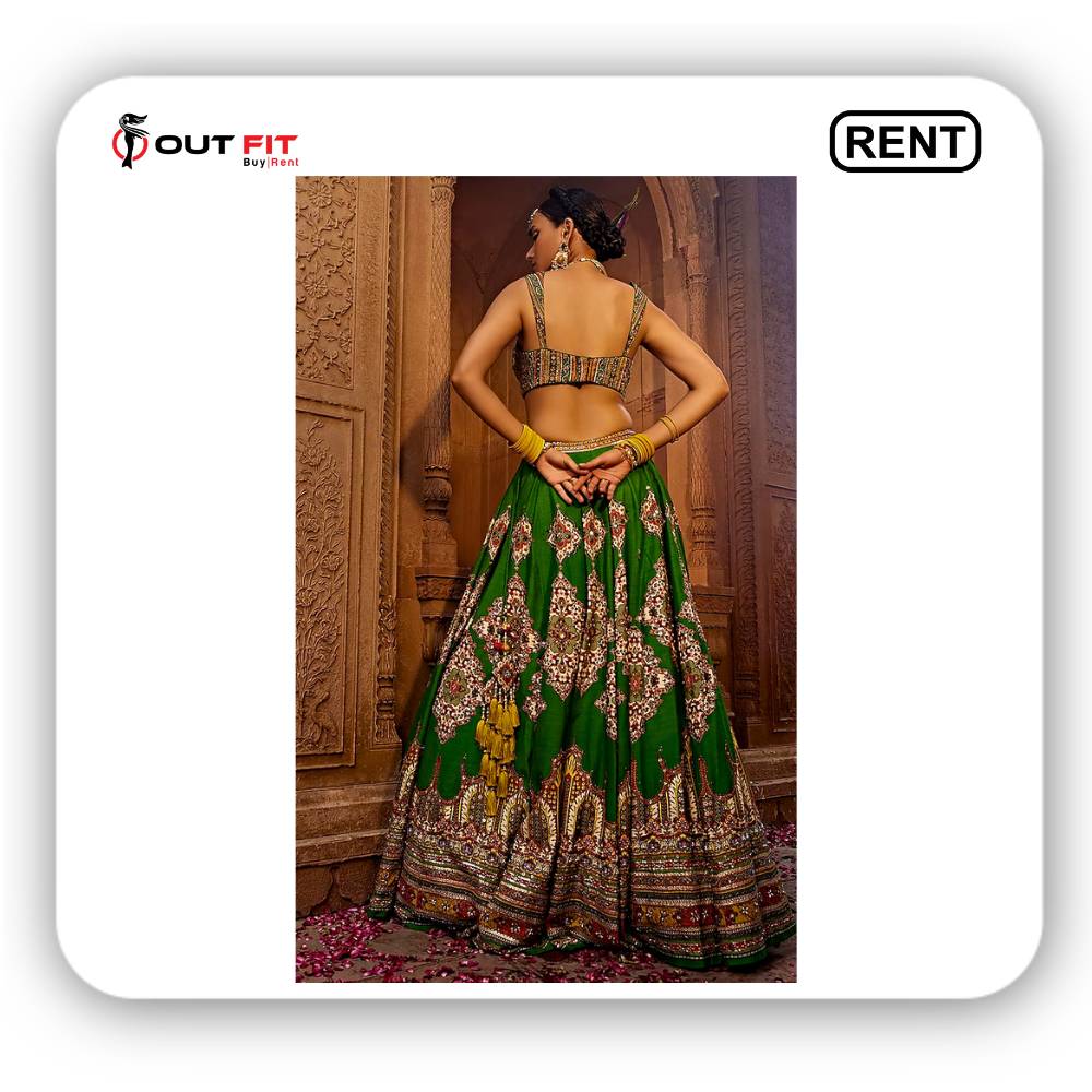 Forest Green Raw Silk Lehenga Set On Rent In Bangalore (2)