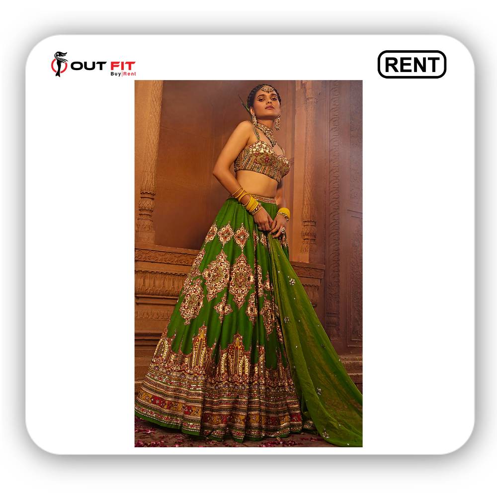 Forest Green Raw Silk Lehenga Set On Rent In Bangalore (4)